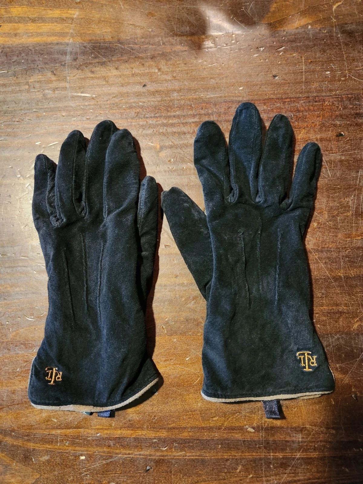 Lauren Ralph Lauren Gloves XL Black Leather Suede w/ Gold Embroidery LRL Logo