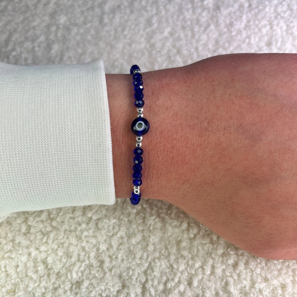 Blau Evil Eye Armband Nazar, Mal De Ojo Perlenarmband, Boncuk mit Silberkugeln - Bild 1 von 4