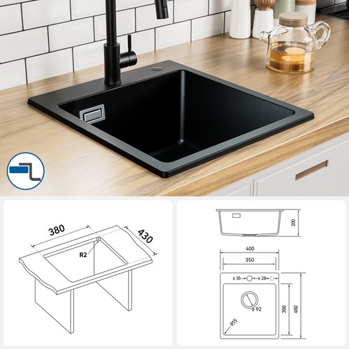 Lavello 40 x 45 cm nero lavello singolo cucina lavello incasso lavello cucina - Foto 8 di 30