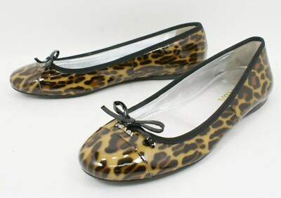 $650 PRADA LEOPARD LOGO Patent Cap-Toe Bow Ballerina Flat