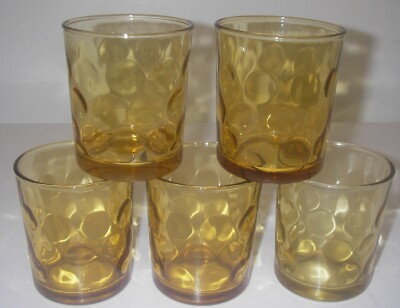 5 Hazel Atlas Glass ELDORADO Gold Amber Old-Fashioned Tumbler 3½  8 oz Dots MCM
