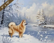Norwegian Buhund dog painting in a snowy landscape 8x10 Print 