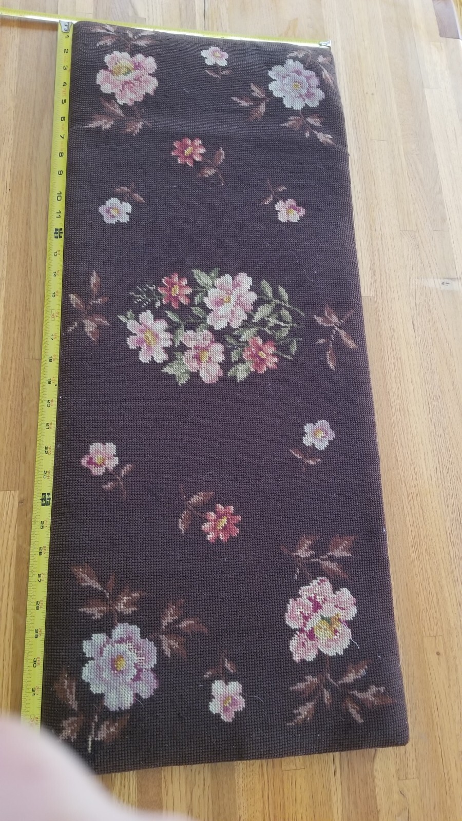 VNTG Brown Needlepoint Piano Bench Cover Flower Handmade Prof Blocked