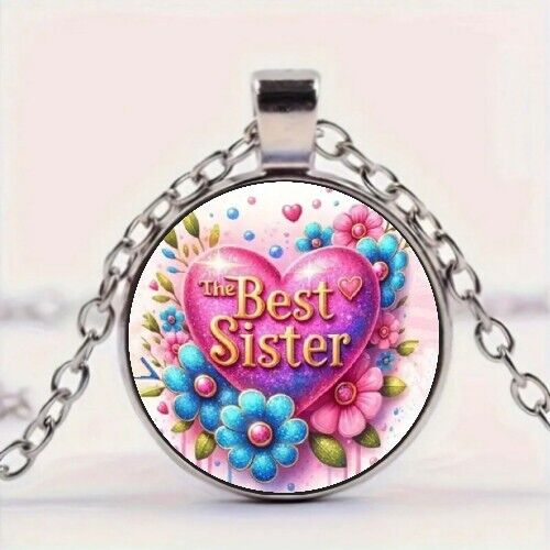 Floral "The Best Sister" Themed Round Glass Pendant Necklace - Picture 1 of 5