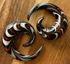 PAIR Red, White & Black Glass Spiral Tapers Expanders Plugs Gauges Body Jewelry 