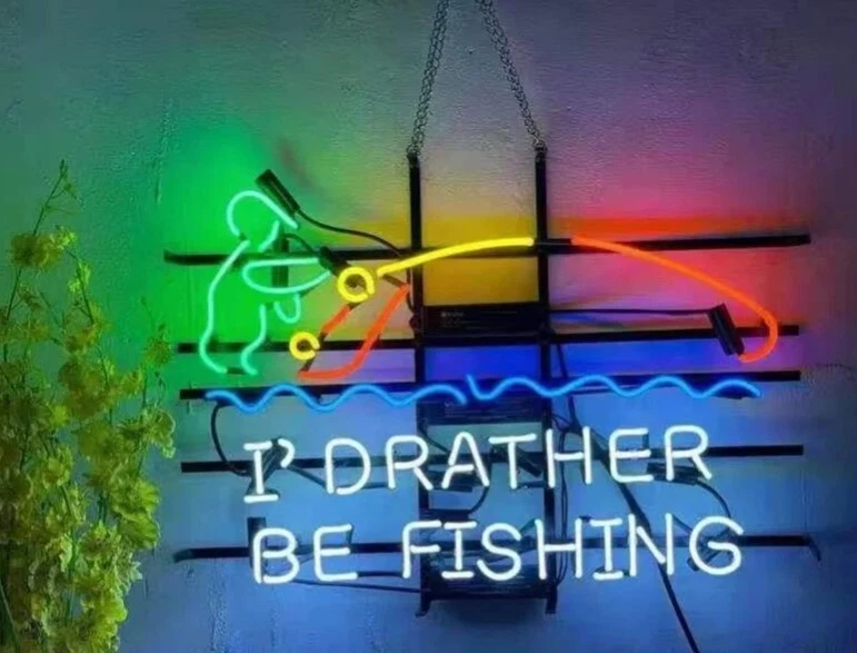 White I'd Rather Be Fishing Neon Signs Artwork Glass Custom 19"