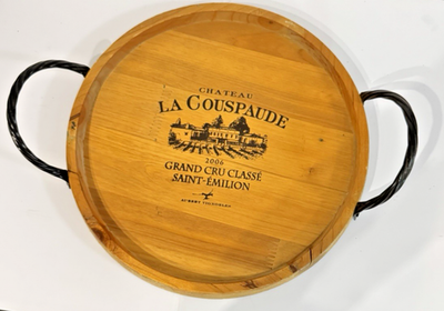 #ad Wood Wine Barrel Tray with Wrought Iron Handles 12quot; Round Chateau La Couspaude $20.00