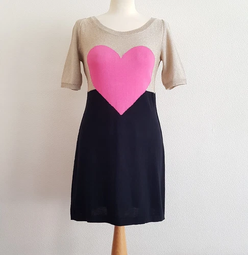 MOSCHINO Mini Abito Economico & Chic Nero Rosa Cuore Lurex e Cotone Maglia UK8