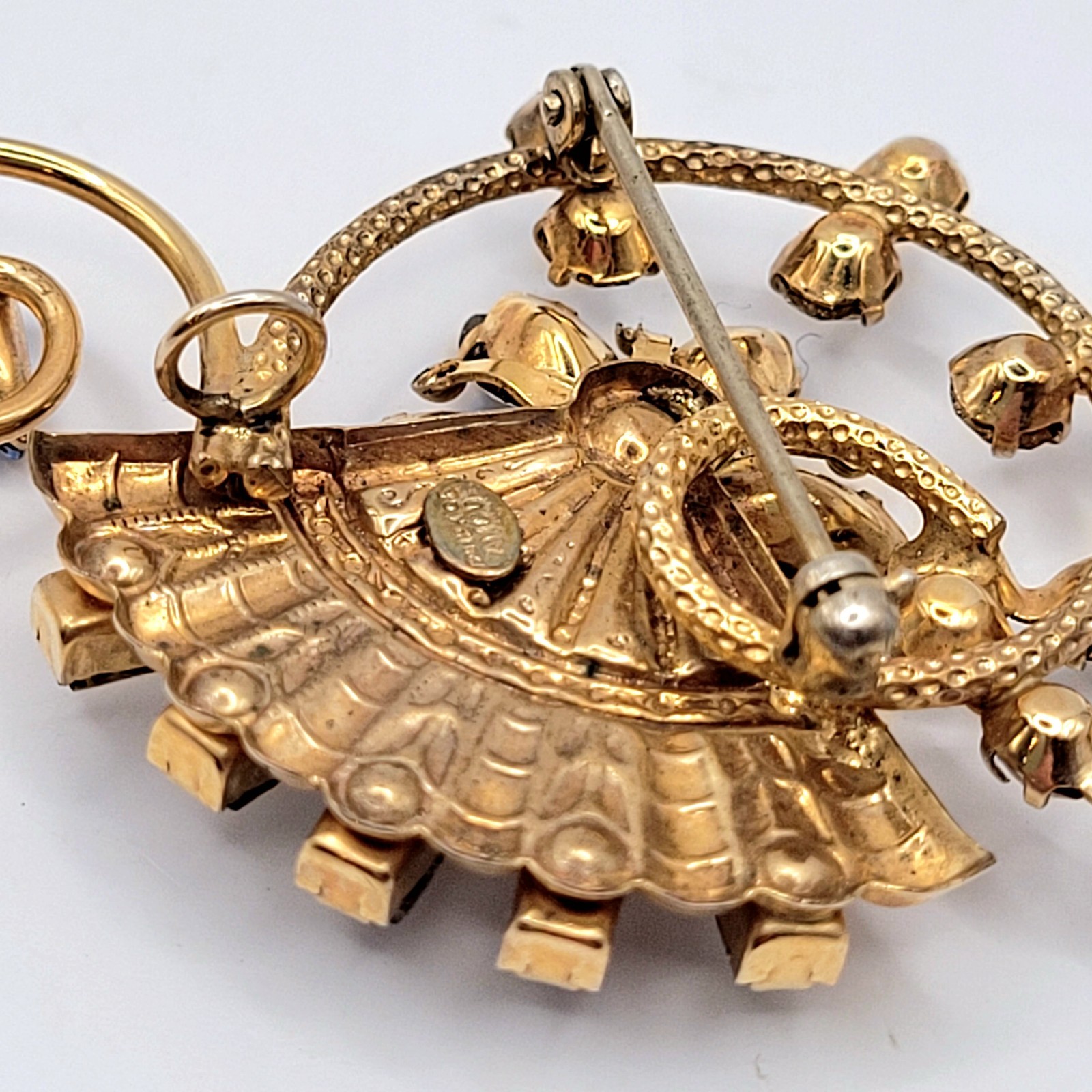 Vintage Blue Rhinestone Brooch Earrings Set Floral 12K Gold Filled Signed Amco