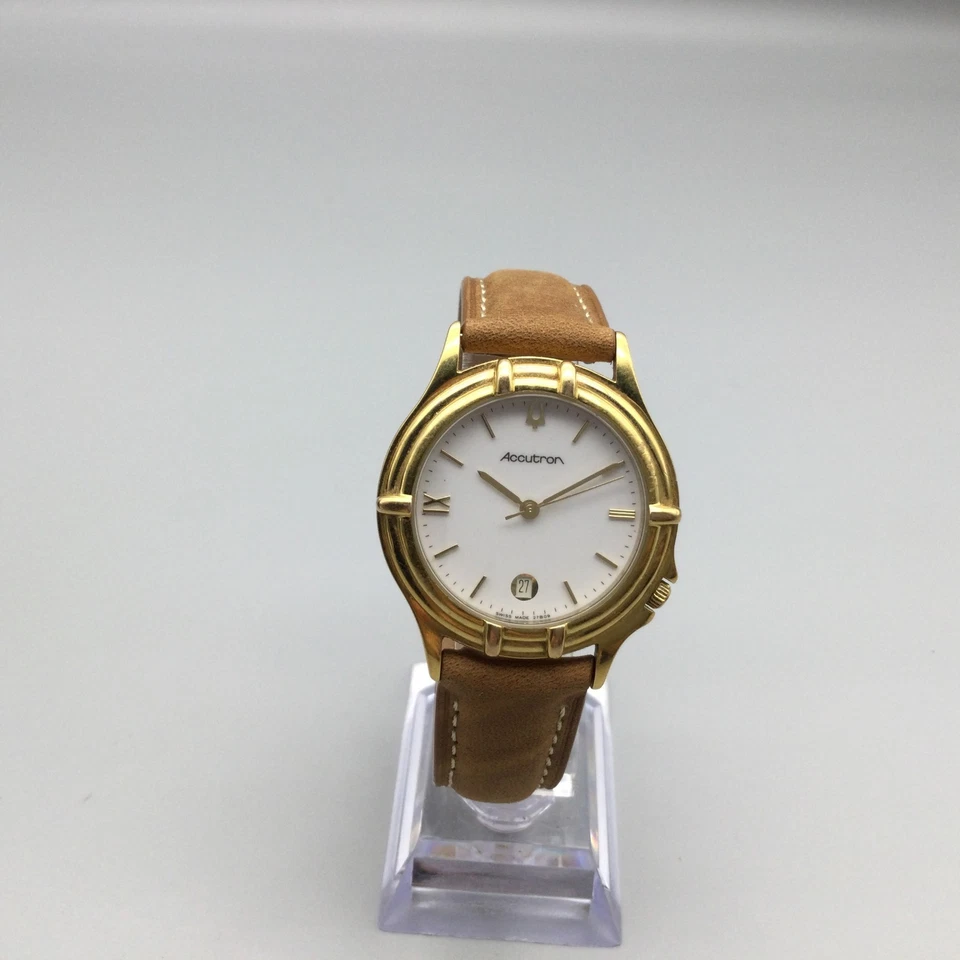 复古 Accutron 宝路华 27B09 手表男士 36 毫米金色皮革表带全新电池 — 第 2/4 张图片