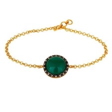 18K Gold Plated 925 Sterling Silver Green Onyx Chain Bracelet Jewelry