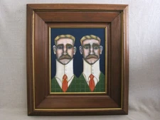 Surreal Male Twin Portrait Painting, Original Framed Wall Art Masculine