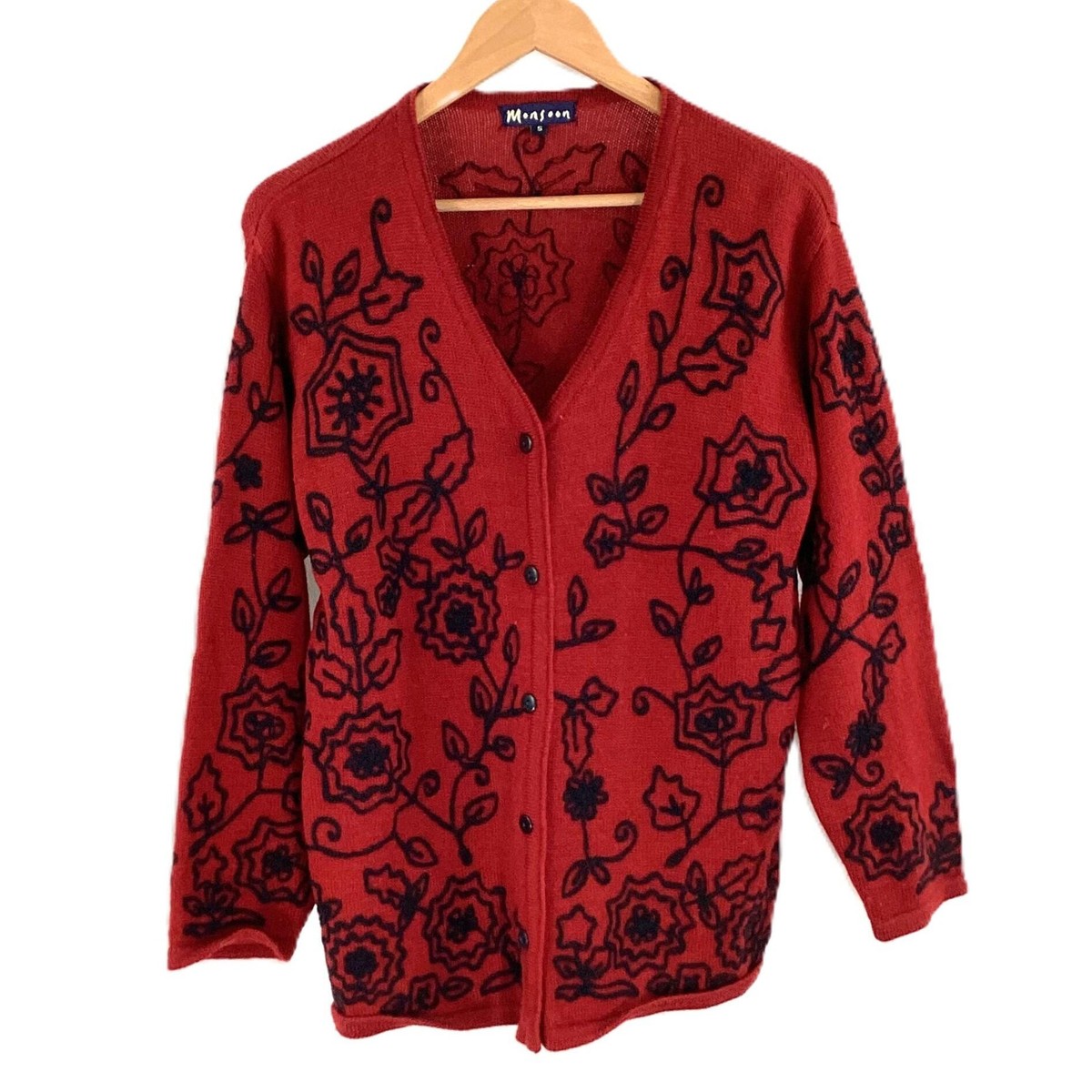 Monsoon Red Pure Wool Floral Knit V-Neck Button Through Cardigan UK S