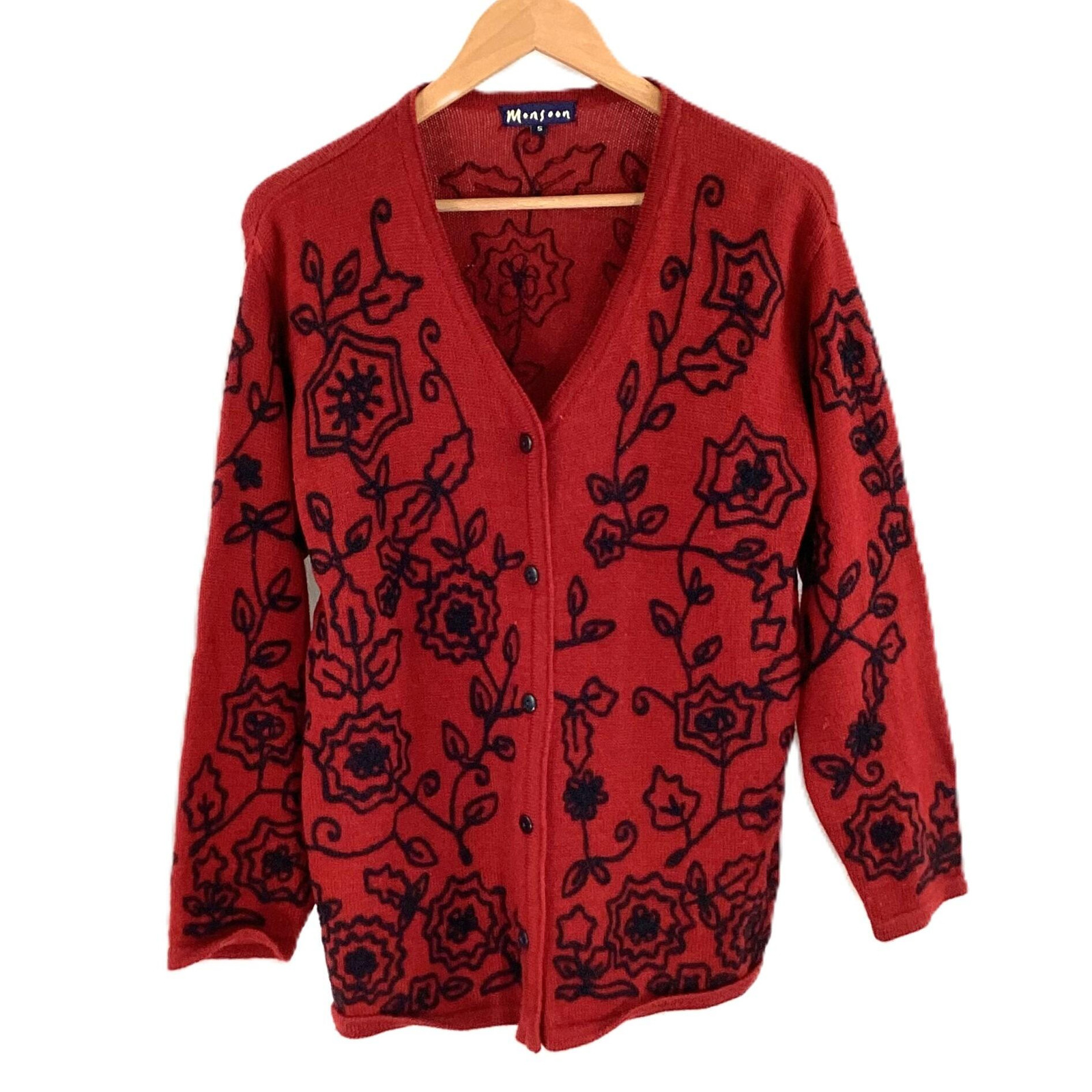 Monsoon Red Pure Wool Floral Knit V-Neck Button Through Cardigan UK S