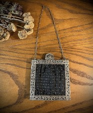 Antique square silver metal box frame purse black fabric exterior pink interior