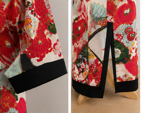 Japanese Inspired Floral Bird Print Maxi Robe Dress/Kimono Black Satin Tie Trim
