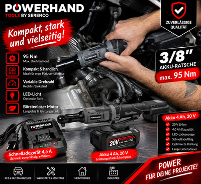 Powerhand 3/8'' Akku-Ratschen-Satz, 95 Nm Akku, Ladegerät & Zubehör