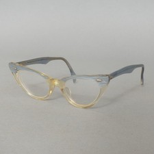 Vintage 50 s AO Cat Eye Silver Chrome Aluminum Eyeglasses Frames Blue 5 1/4