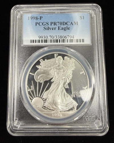 1998- P American Silver Eagle Proof PCGS PR70 DCAM .999 Fine Silver