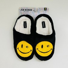 JOE BOXER Black Yellow Mr. Winkey Smiley Face Faux Fur SlipOn Slippers - M 7-8