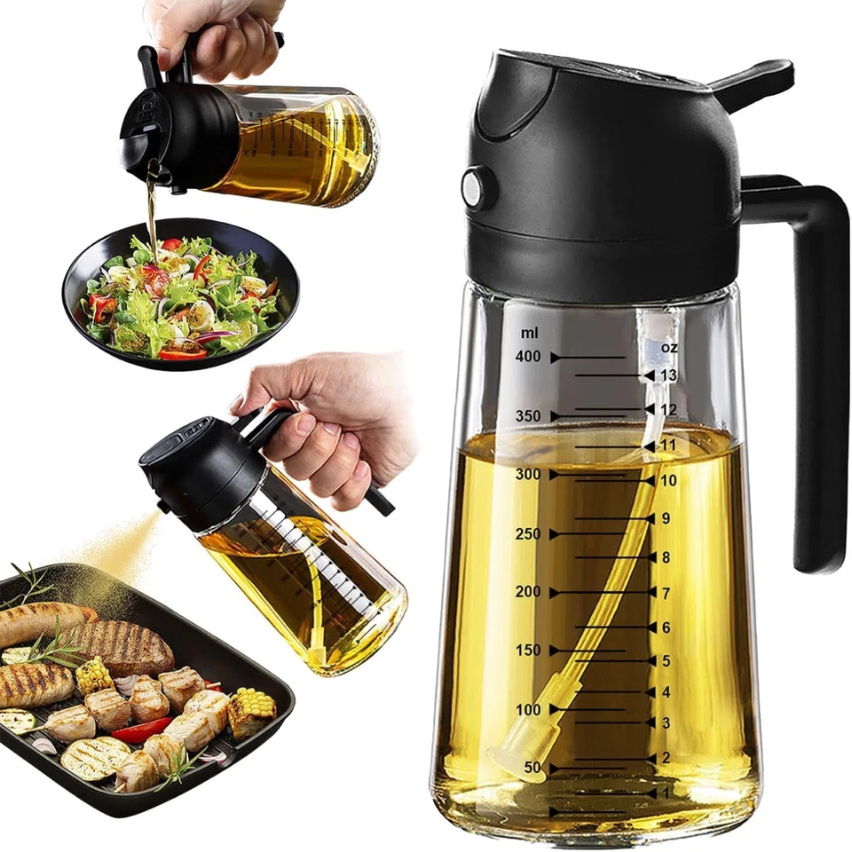 Ölsprüher, Ölspender, Salatsprayer, Küchen Gadget, 470ml, Glas, Schwarz