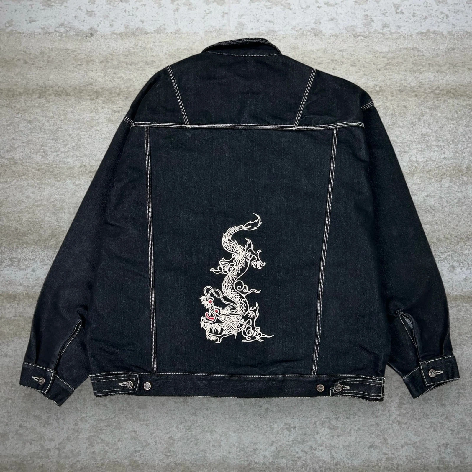 Vintage Y2K Brooklyn Xpress Jean Jacket Mens 2XL Jet Black Wash Button Up Dragon