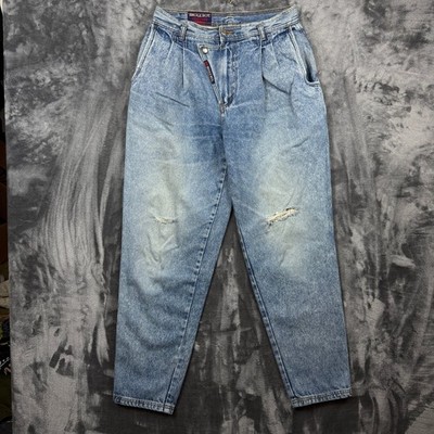 Bugle Boy Jeans Mens 32L Light Wash Pleated Asymmetrical Fly Vintage Distressed
