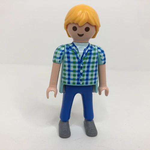 Vintage Playmobil Man Figure Blond Blue Plaid Shirt Modern Dollhouse O36 1992