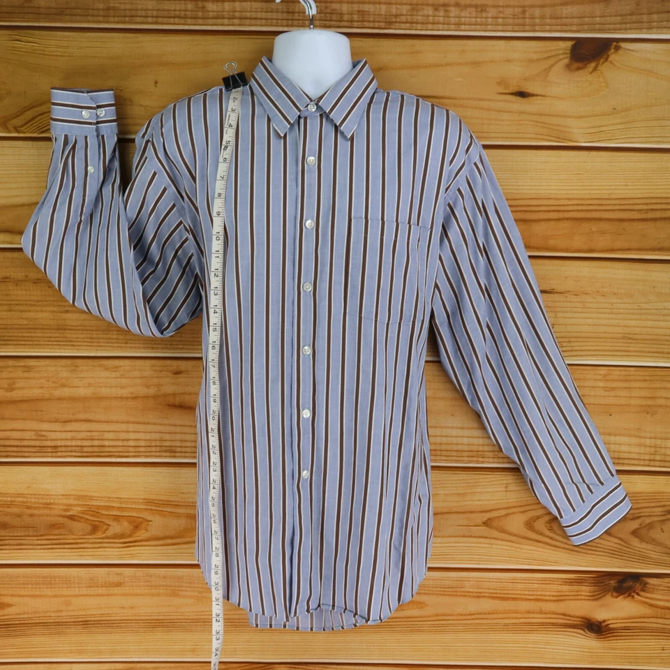 Camisa de vestir Van Heusen Studio sin planchar para hombre talla XL azul marrón a rayas 100 % algodón Foto 3 de 4