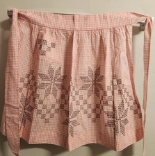 Vintage Handmade Waist Apron Pink  White Gingham With Pocket  Black X Stitch