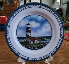 Lighthouse Dinner Plates 10" (pairs) Coastal Breeze WMO'09 Melamine White Blue !