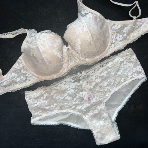 Victoria's Secret 38DDD BRA SET XXL Panty Cream BEIGE white floral lace ...