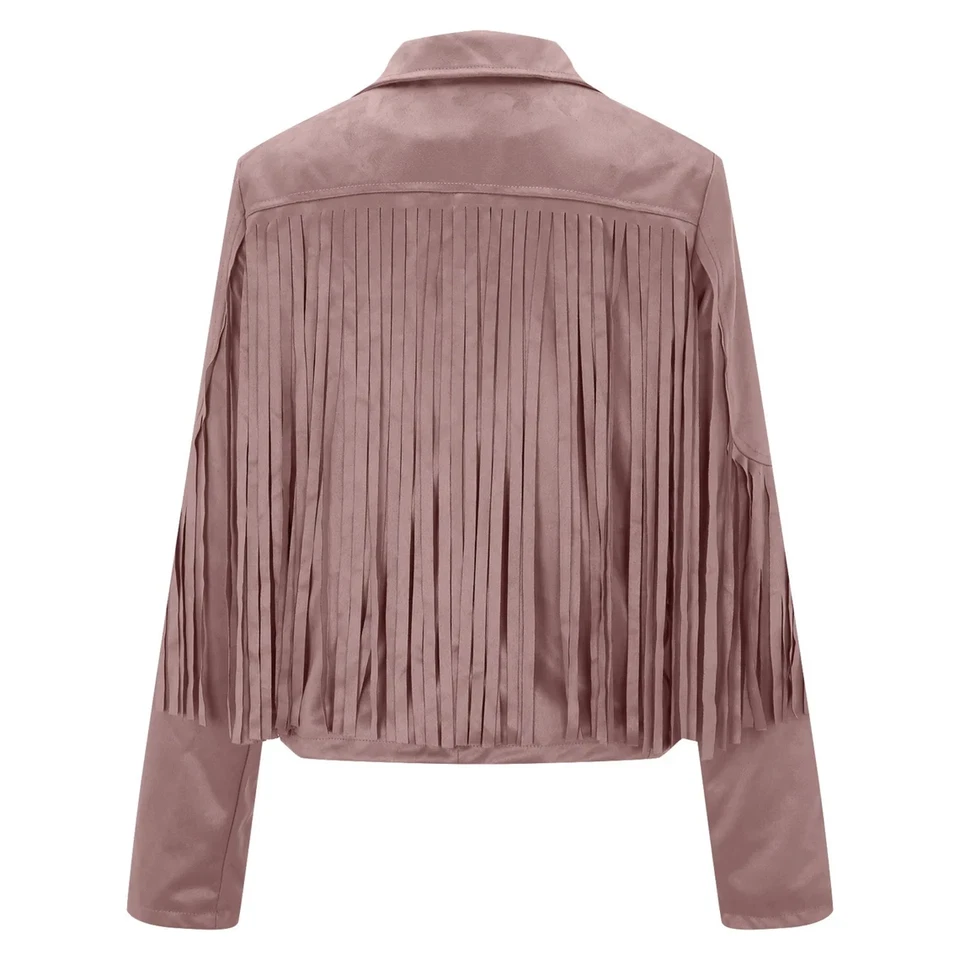Pink Fringe Leather Jacket Women Suede Biker Moto Custom Made Size S M L XL XXL - Image 3 of 4