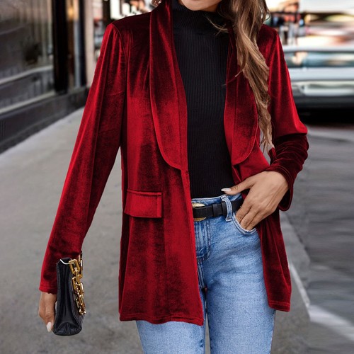 Damen Samt Cardigan Blazer Büro Arbeit Kurzmantel Anzugjacke mit Tasche - Bild 14 von 34