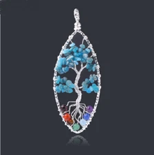 Large TREE LIFE CHAKRA AQUA STONE HEAL Pendant 925 Sterling Silver 22" Necklace 