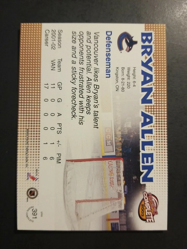 Bryan Allen Vancouver Canucks 2003 Pacific #391 NHL Autographed Hockey Card - Image 2 of 2