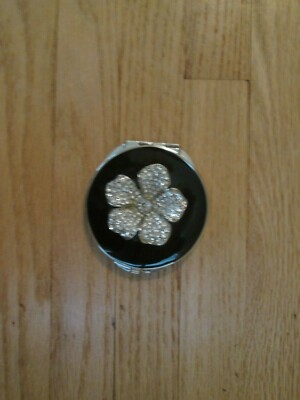 PAPYRUS Black Enamel w/ Crystal Rhinestone Flower 2-Mirror Round Compact