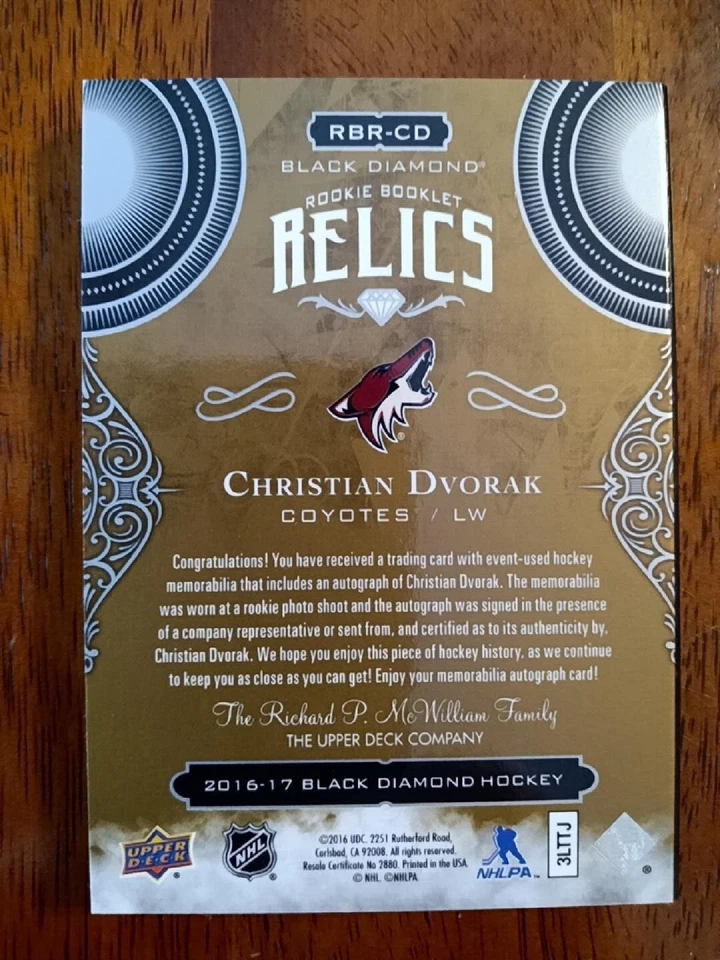 2016-17 Black Diamond " Christian Dvorak" Gold Rookie Booklet Relics Auto 36/49 - Image 2 of 4