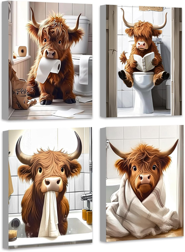 Cute Highland Cow Bathroom Framed Wall Art Funny Animal Rustic Canvas Prints for