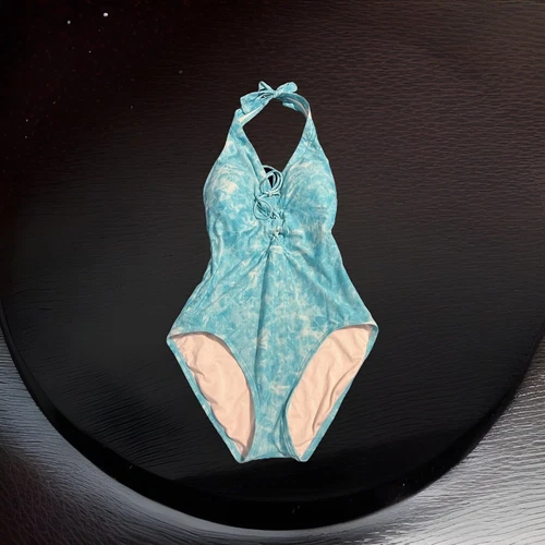 Costume da bagno donna Michael Kors 1 pezzo taglia 10 blu tie dye cravatta collo retrò