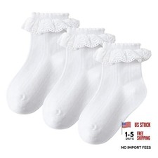 3 Pairs Girls Ruffle Socks Fancy Ruffled Lace Dress Socks for Girls 3-5T White