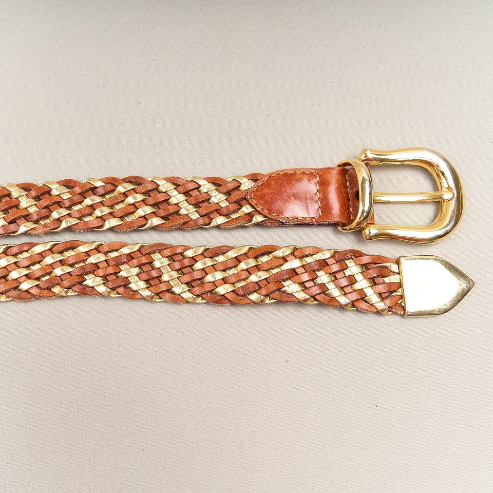 Cinturón de cuero trenzado vintage para mujer M marrón y metálico tejido hebilla tono dorado Foto 2 de 4