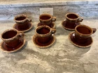 Lot Of 6 Vintage Hull Pottery Brown Drip Glaze Coffee Mugs with Saucers