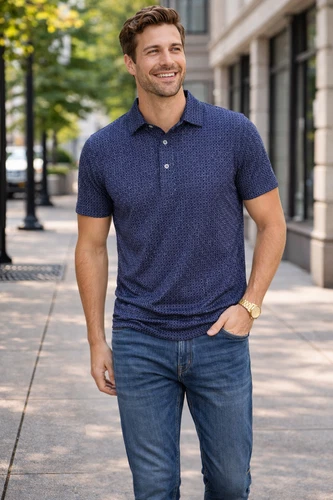 Collars & Co Men's Size M Blue Geometric Polo Original Fit Shirt Polo