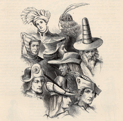 MEDIEVAL HEADWEAR   Nobles, Dandies & Scholars 1888 Antique Wood Engraving