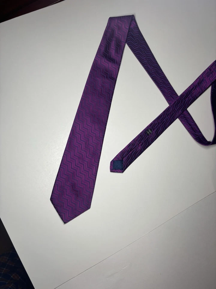 "Corbata geométrica Thomas rosa para hombre 100 % seda púrpura y rosa 58"" X 3,5""" Foto 3 de 4
