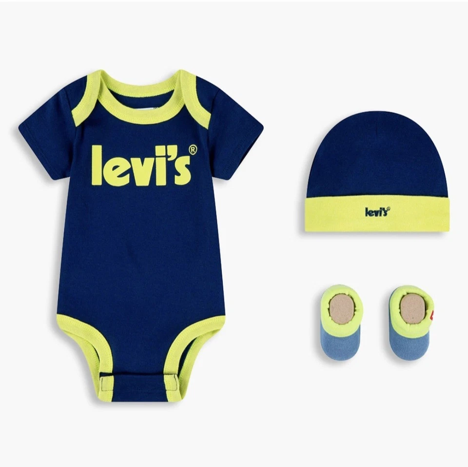 Completo 3 Pezzi Nascita Levi's 6-12 Mesi Blu Lime 68/80cm Bambino Neonato - Immagine 2 di 4