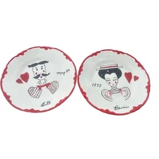 Vintage Kitchen Plates Portrait Folk Art Hand Decorated Set of 2 'Bill & Bessie'