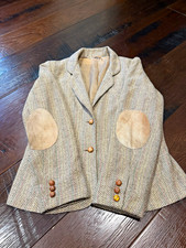 Women  s Beige Tweed Herringbone Lined 2-Button Blazer Jacket Elbow Patches