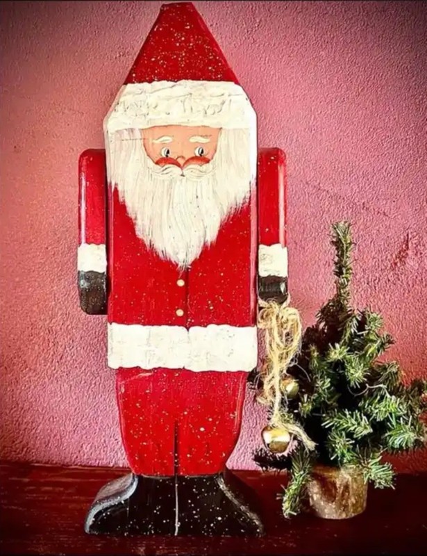 Vintage Wooden Folk Art Santa Claus w/ Jingle Bells - Hand-carved/Hand-painted